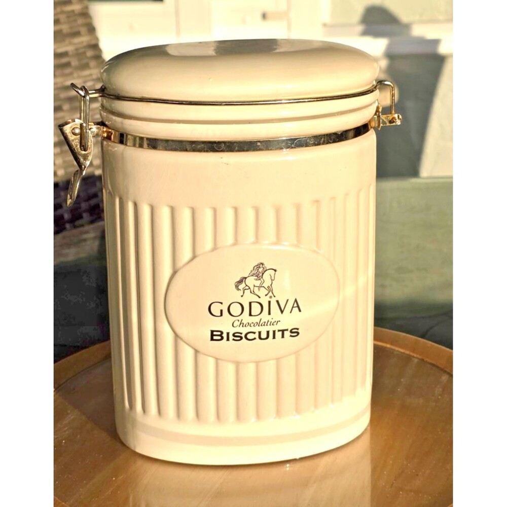 Godiva Chocolatier Biscuits Oval Ceramic Jar Canister w/ Latch Lid Cream Color